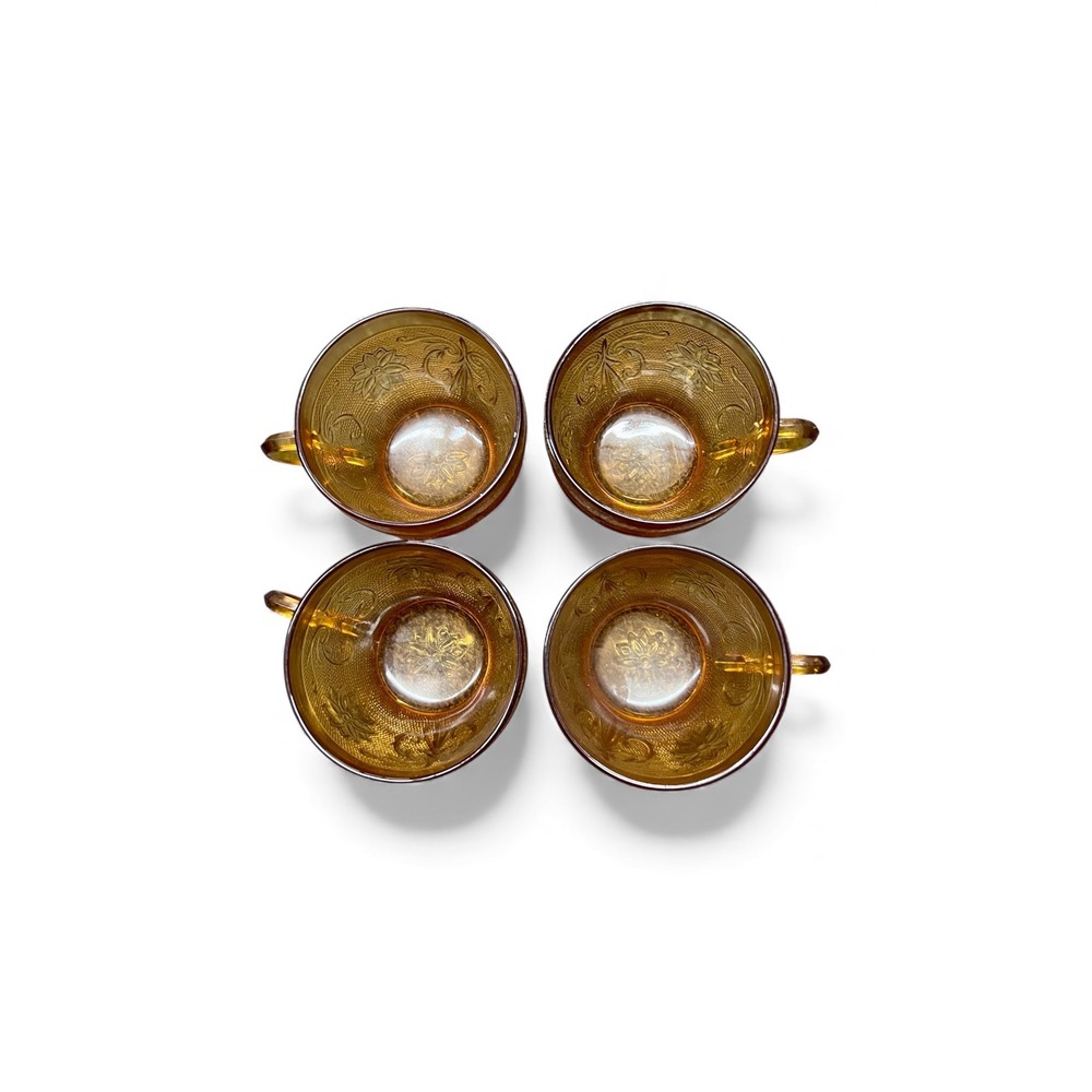 Vintage Indiana Tiara Glass Amber Sandwich Pattern Teacup Set of 4 - Picture 2 of 8